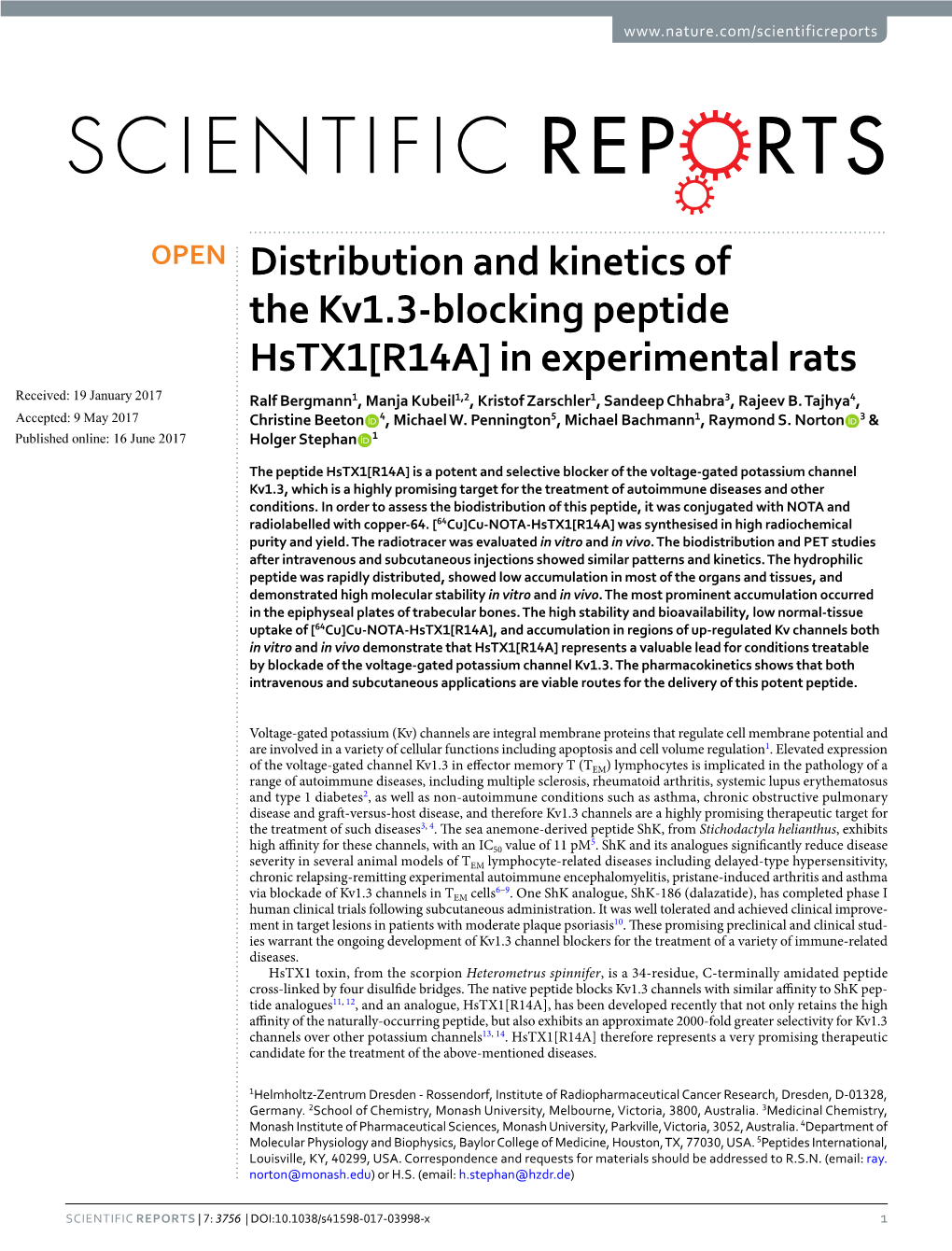 Distribution and Kinetics of the Kv1.3-Blocking Peptide Hstx1[R14A]