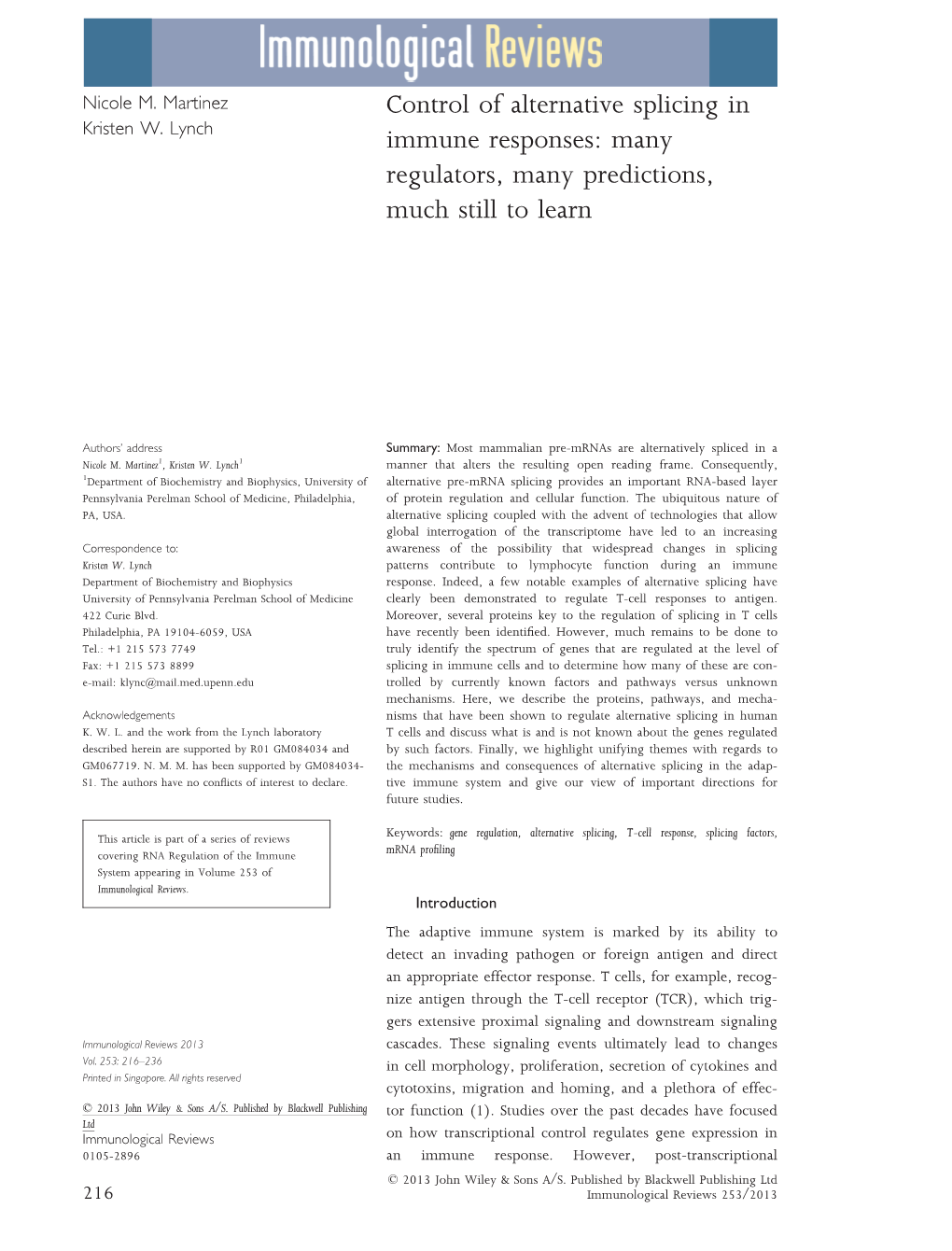 Control of Alternative Splicing in Immune Responses: Many