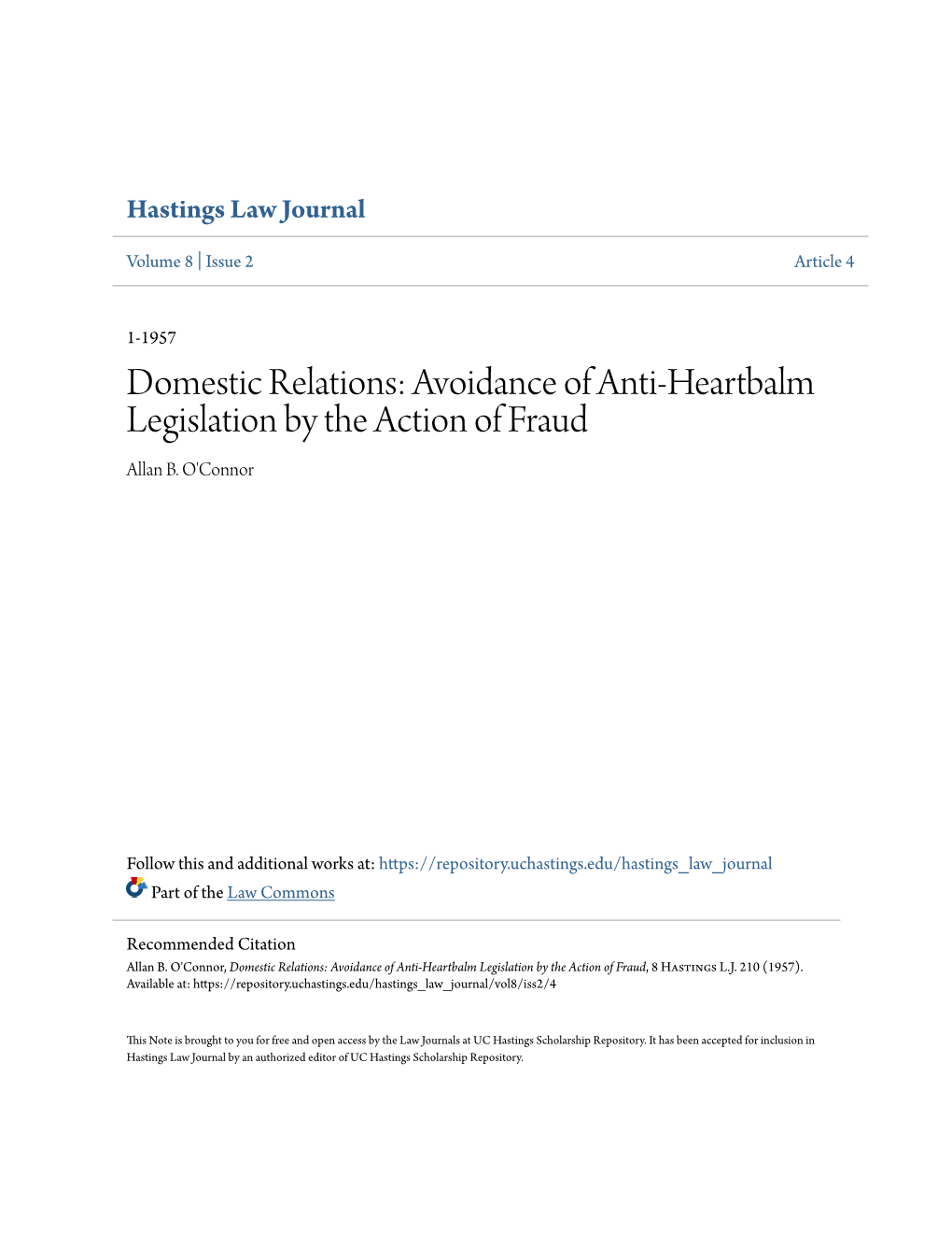 Domestic Relations: Avoidance of Anti-Heartbalm Legislation by the Action of Fraud Allan B