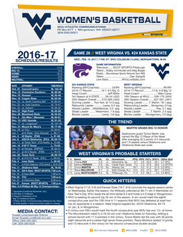 MEDIA CONTACT: • a Victory Over KSU Would Mark the Fourth Consecutive Year WVU Has Won 13+ at Home