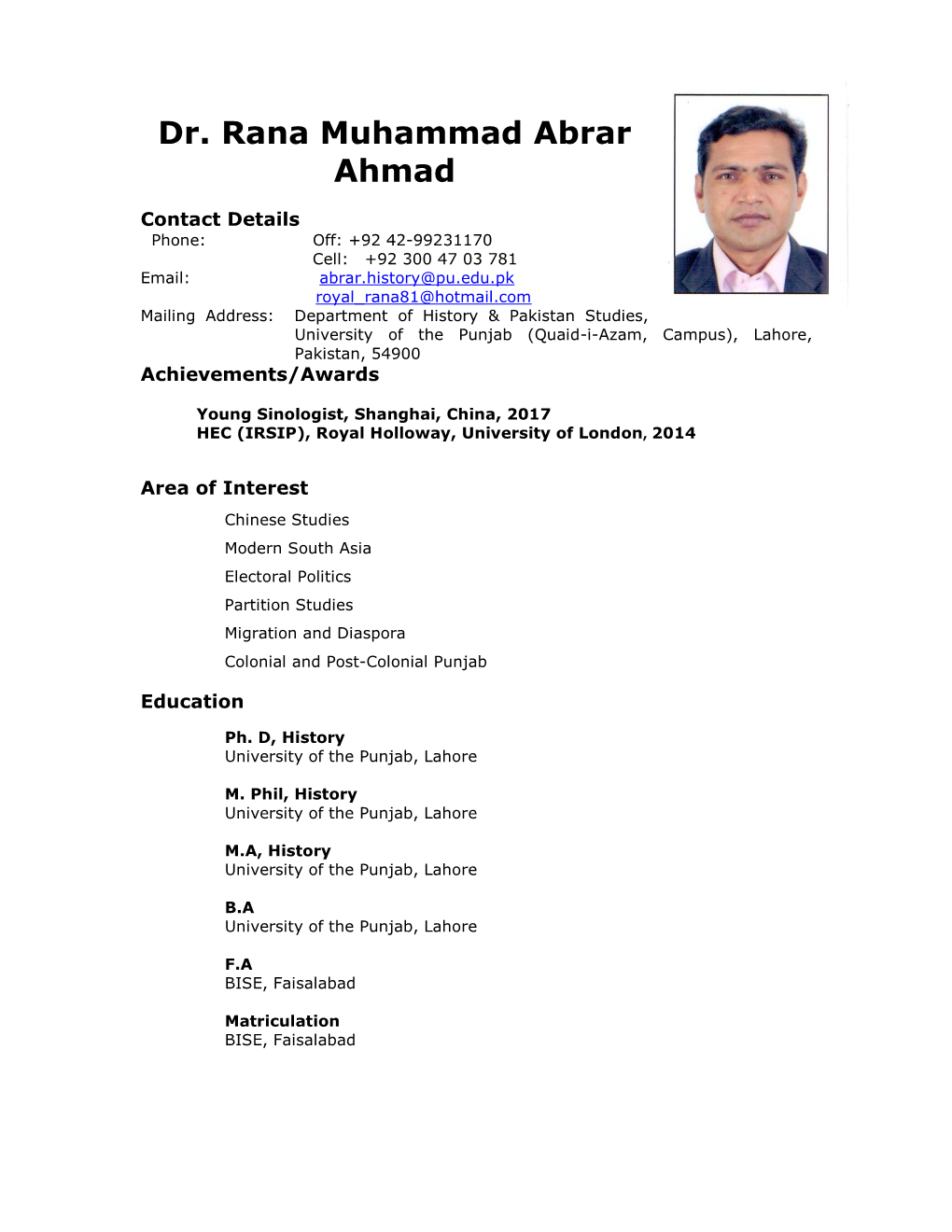 Dr. Rana Muhammad Abrar Ahmad