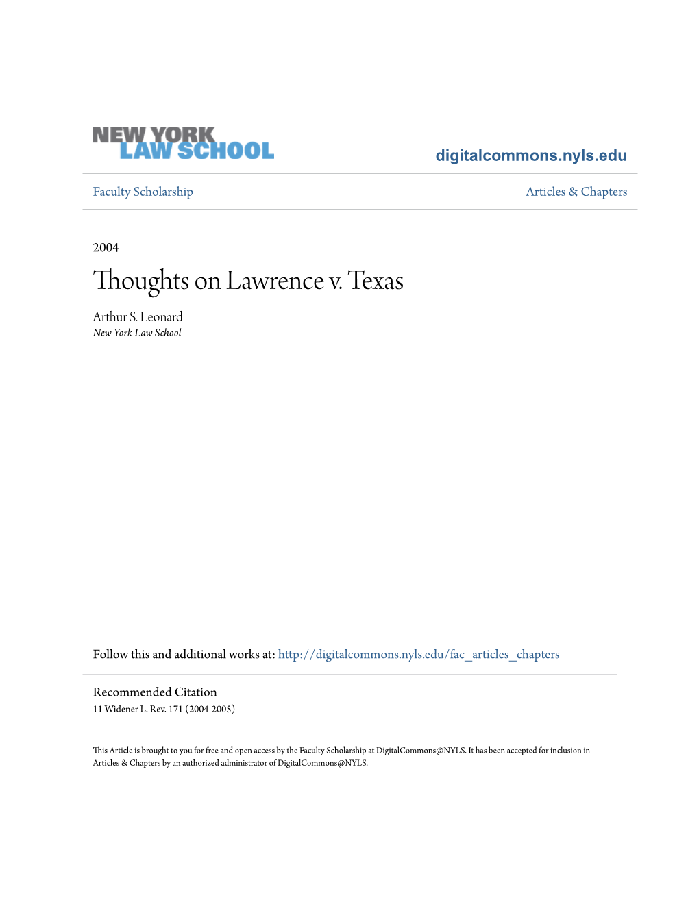 Thoughts on Lawrence V. Texas Arthur S