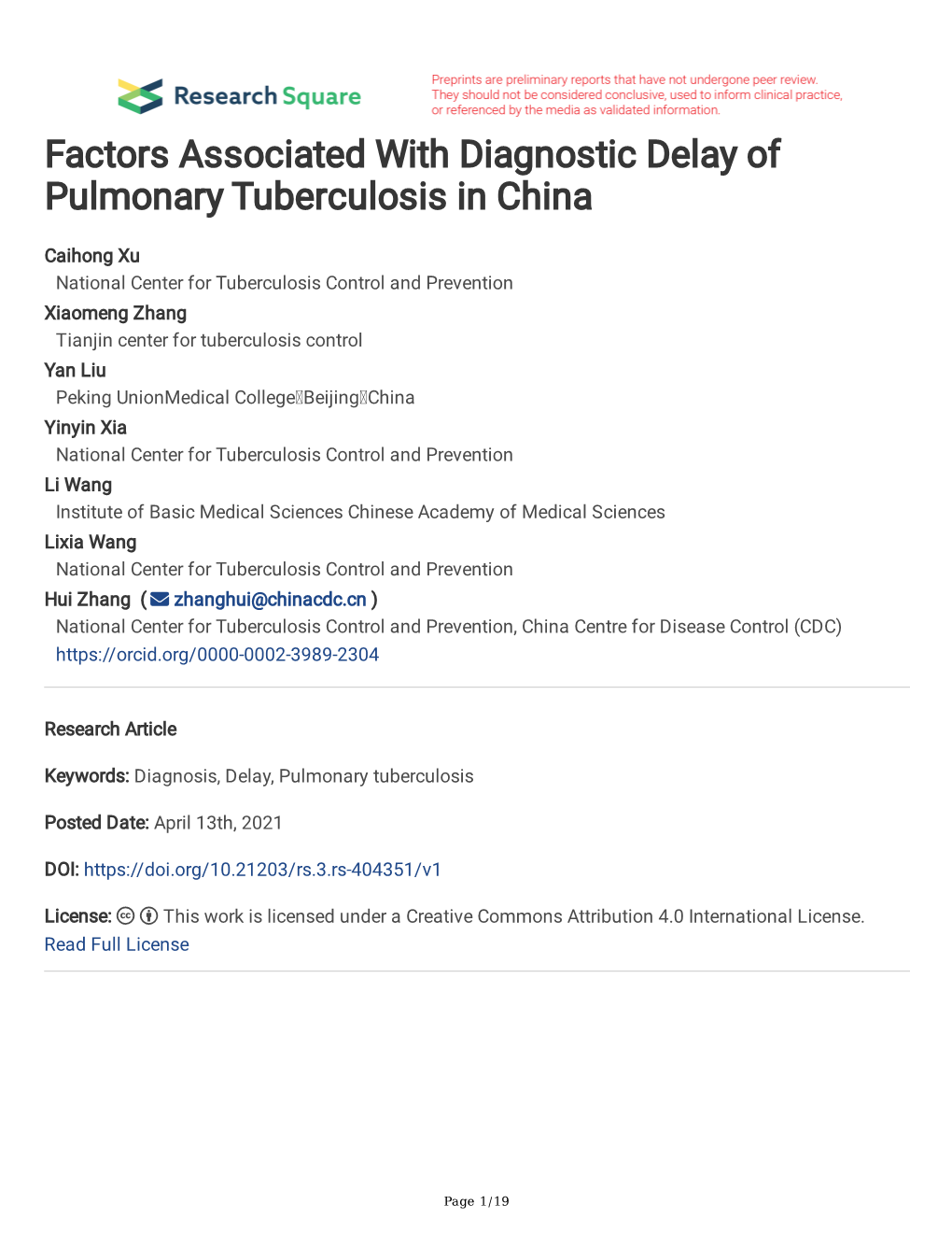 Factors Associated with Diagnostic Delay of Pulmonary Tuberculosis in China