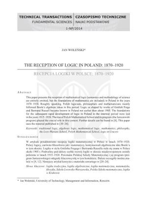 The Reception of Logic in Poland: 1870‒1920 Recepcja