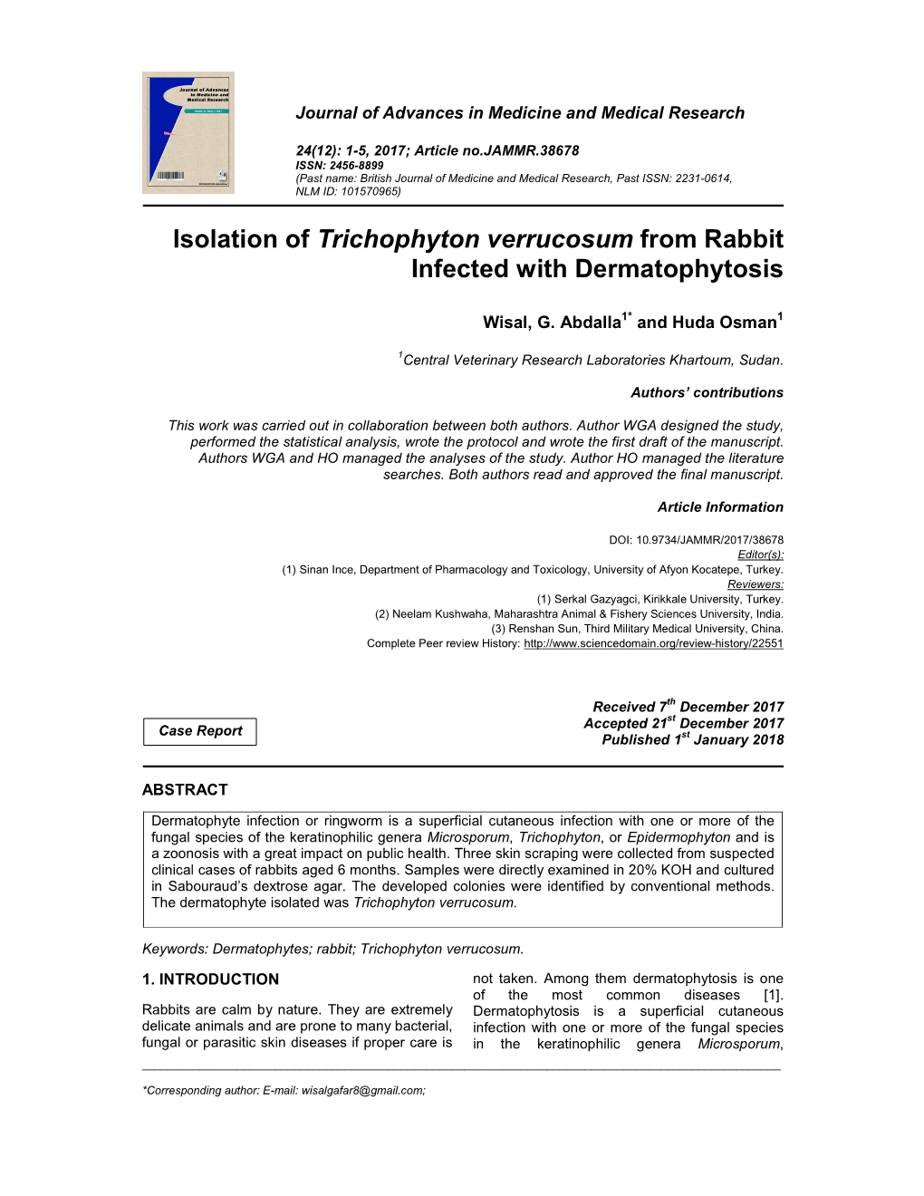 Isolation of Trichophyton Verrucosum from Rabbit Infected with Dermatophytosis