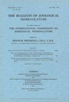 The Bulletin of Zoological Nomenclature, Vol.9, Part 7