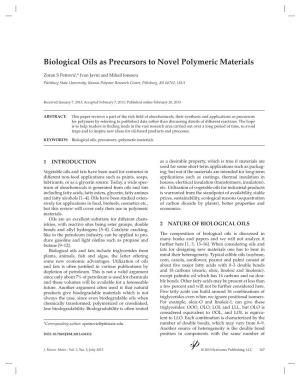 Biological Oils As Precursors to Novel Polymeric Materials