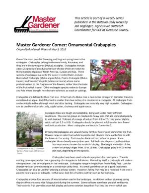 Master Gardener Corner: Ornamental Crabapples Originally Published: Week of May 3, 2016