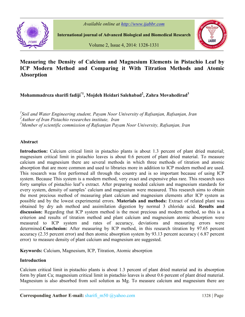 Measuring the Density of Calcium and Magnesium Elements in Pistachio Leaf by ICP Modern Method and Comparing It with Titration Methods and Atomic Absorption