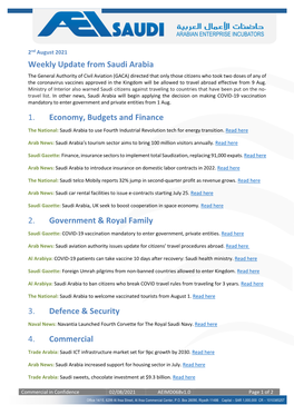 Weekly Update from Saudi Arabia 1. Economy, Budgets and Finance 2