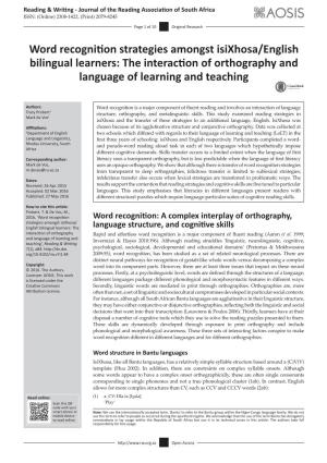 Word Recognition Strategies Amongst Isixhosa/English Bilingual Learners: the Interaction of Orthography and Language of Learning and Teaching