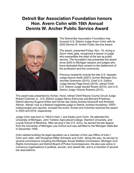 Detroit Bar Association Foundation Honors Hon. Avern Cohn with 16Th Annual Dennis W