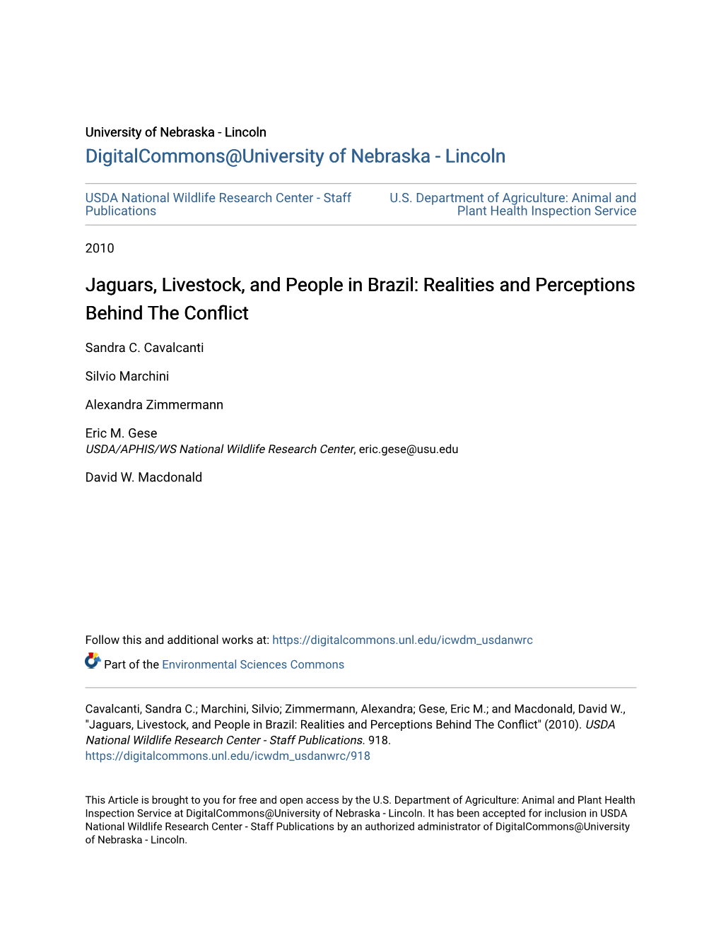 Jaguars, Livestock, and People in Brazil: Realities and Perceptions Behind the Conflict