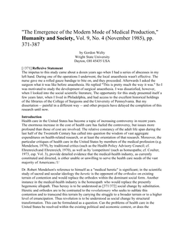 The Emergence of the Modern Mode of Medical Production," Humanity and Society, Vol