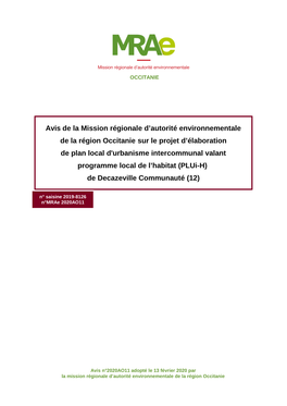 Avis De La Mission Régionale D'autorité Environnementale (Mrae) De La Région Occitanie