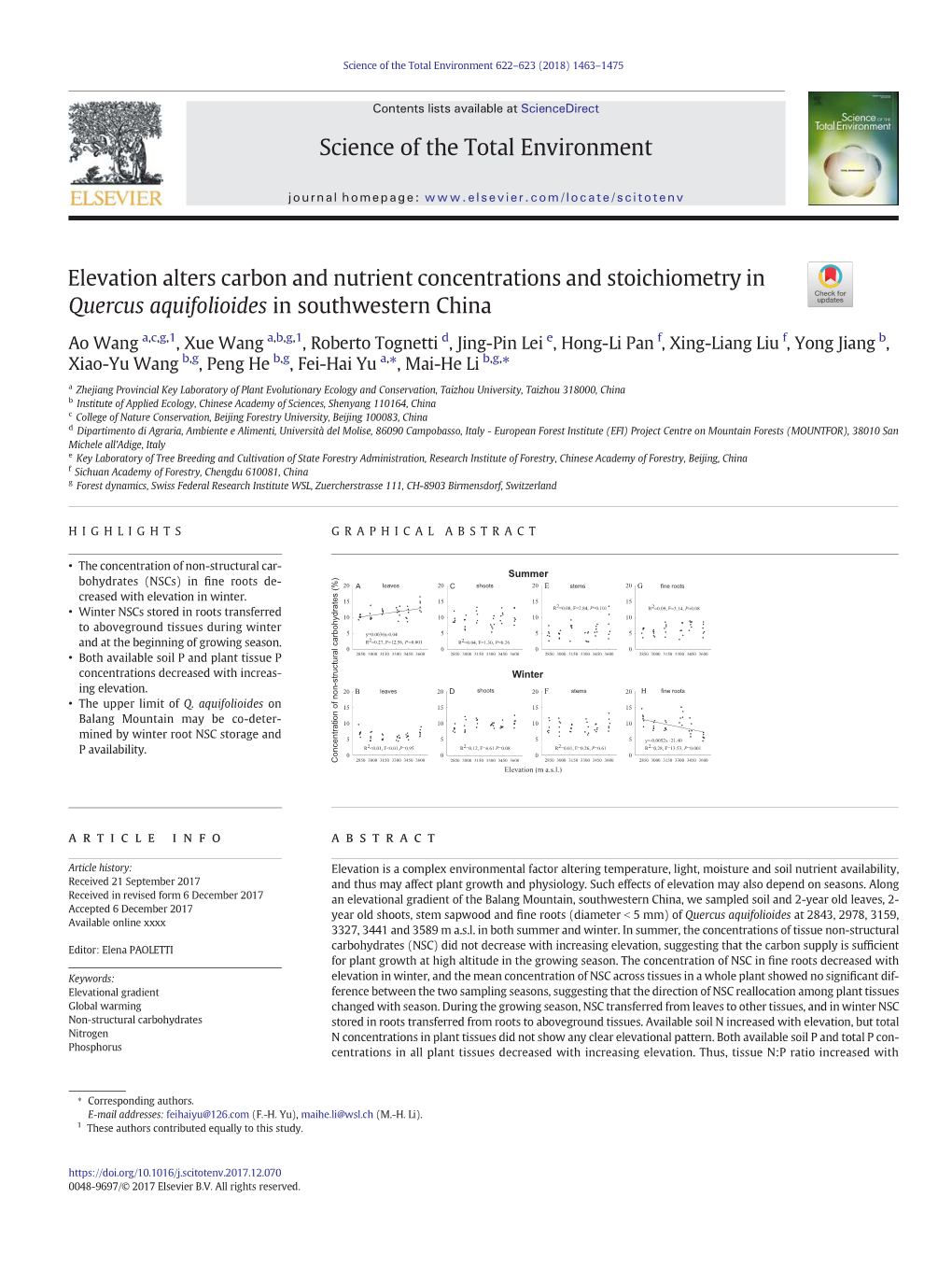 Elevation Alters Carbon and Nutrient Concentrations and Stoichiometry in Quercus Aquifolioides in Southwestern China