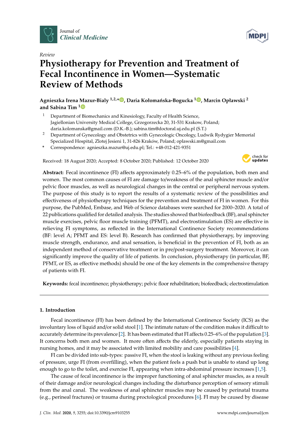 Physiotherapy for Prevention and Treatment of Fecal Incontinence in Women—Systematic Review of Methods