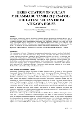 Brief Citation on Sultan Muhammadu Tambari (1924-1931): the Latest Sultan from Atikawa House