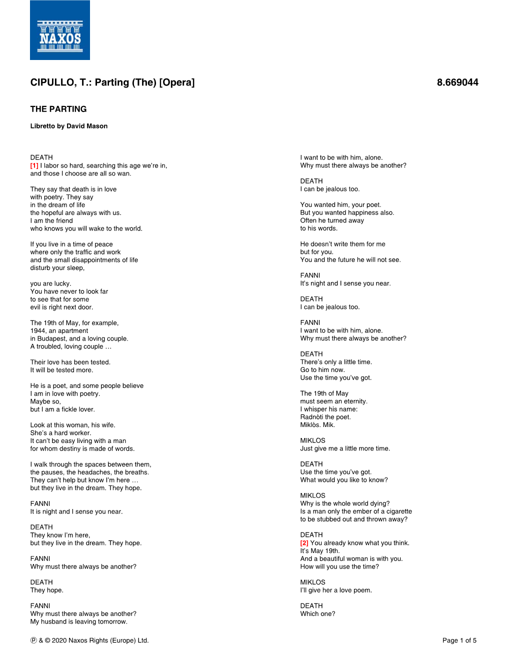 CIPULLO, T.: Parting (The) [Opera] 8.669044