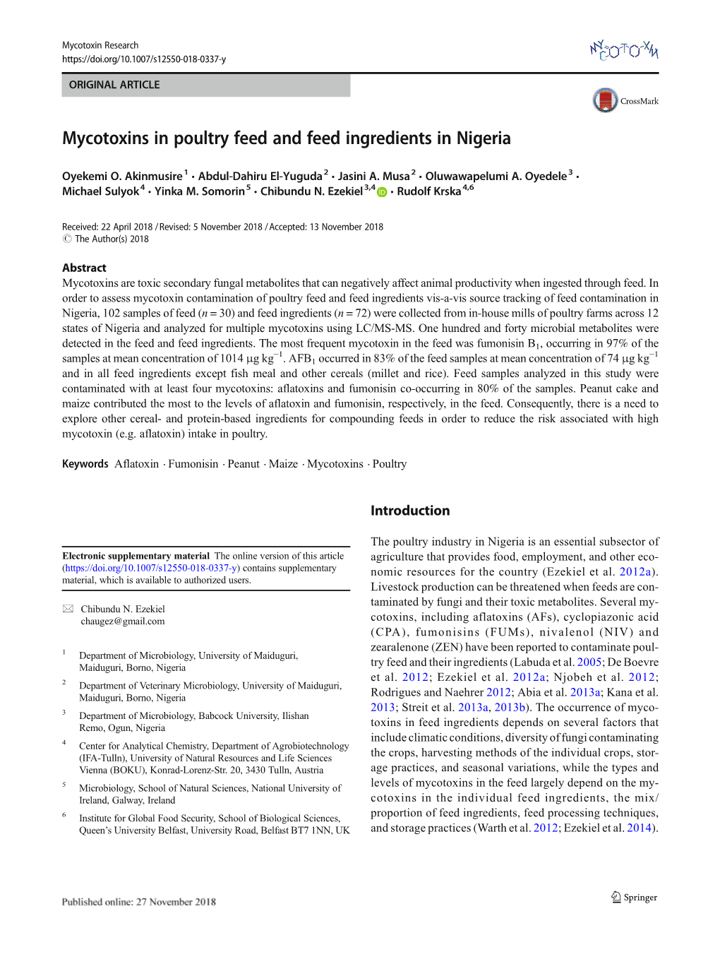 Mycotoxins in Poultry Feed and Feed Ingredients in Nigeria