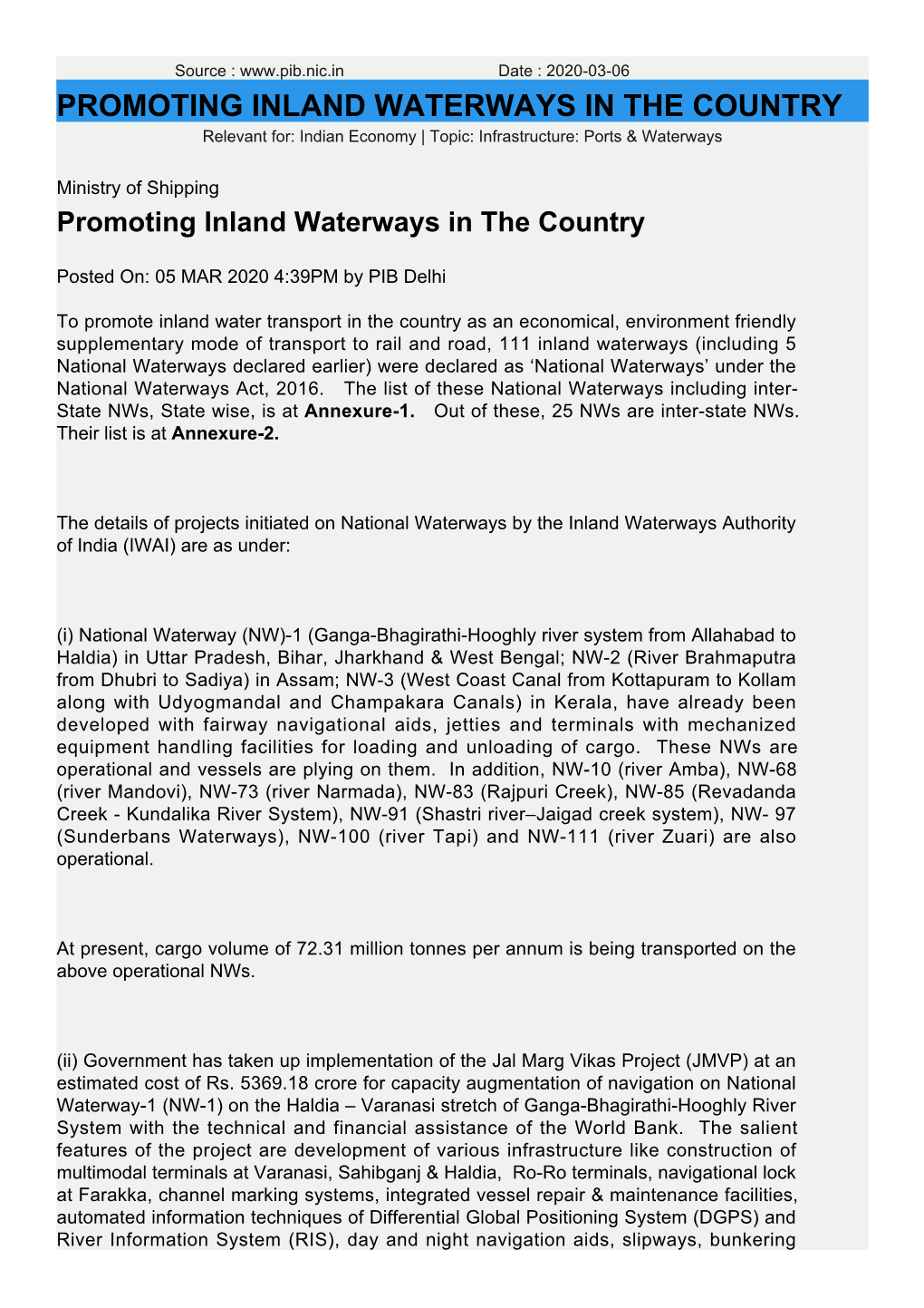 PROMOTING INLAND WATERWAYS in the COUNTRY Relevant For: Indian Economy | Topic: Infrastructure: Ports & Waterways
