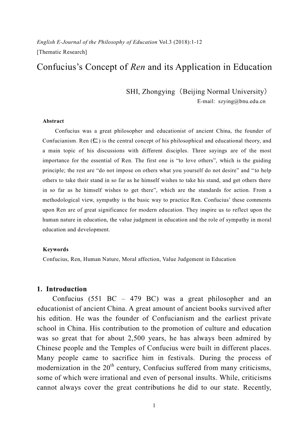 Confucius's Concept of Ren and Its Application in Education