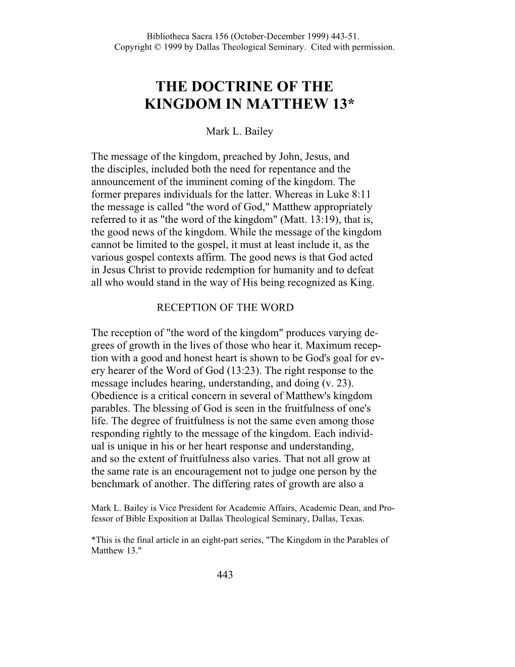 The Doctrine of the Kingdom in Matthew 13* DocsLib