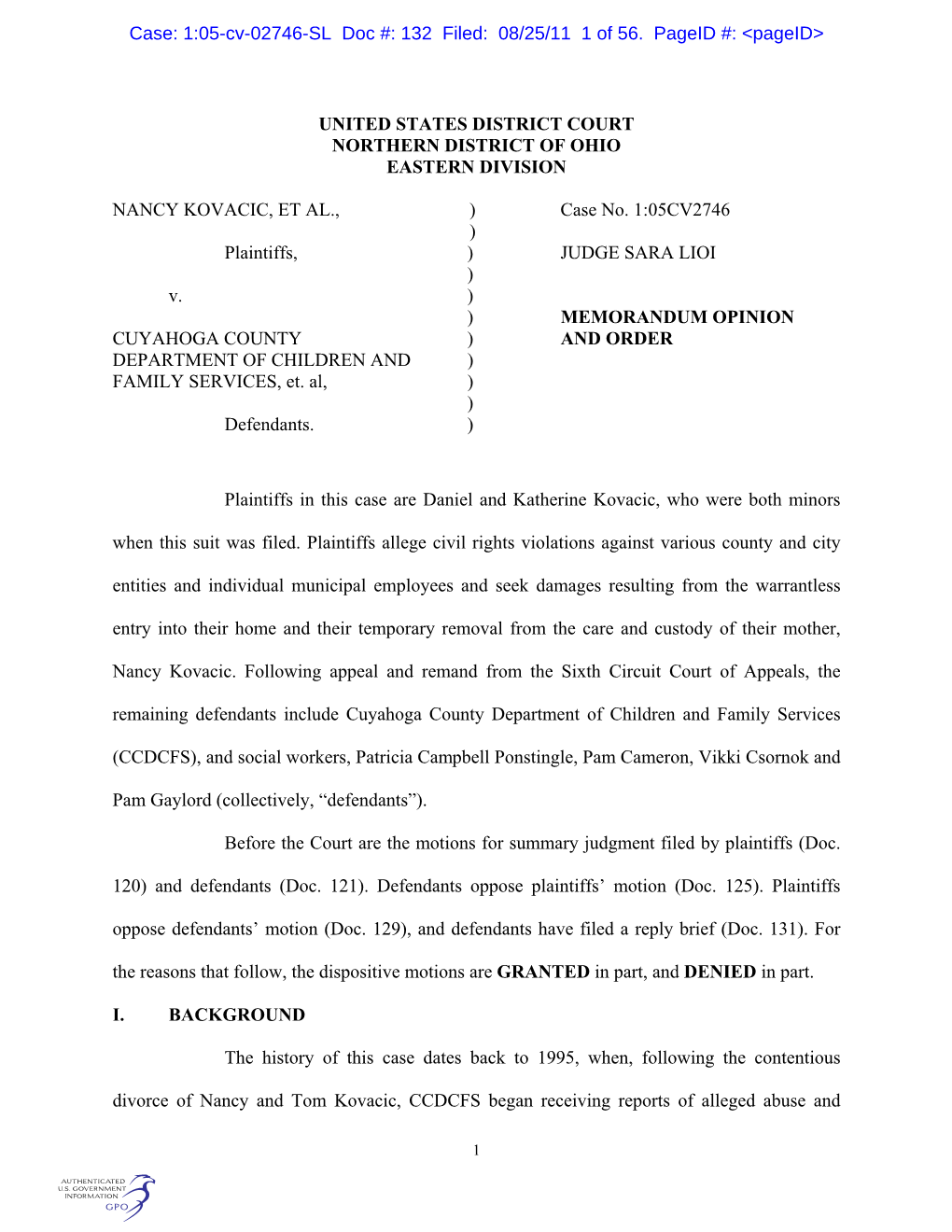 Case: 1:05-Cv-02746-SL Doc #: 132 Filed: 08/25/11 1 of 56. Pageid