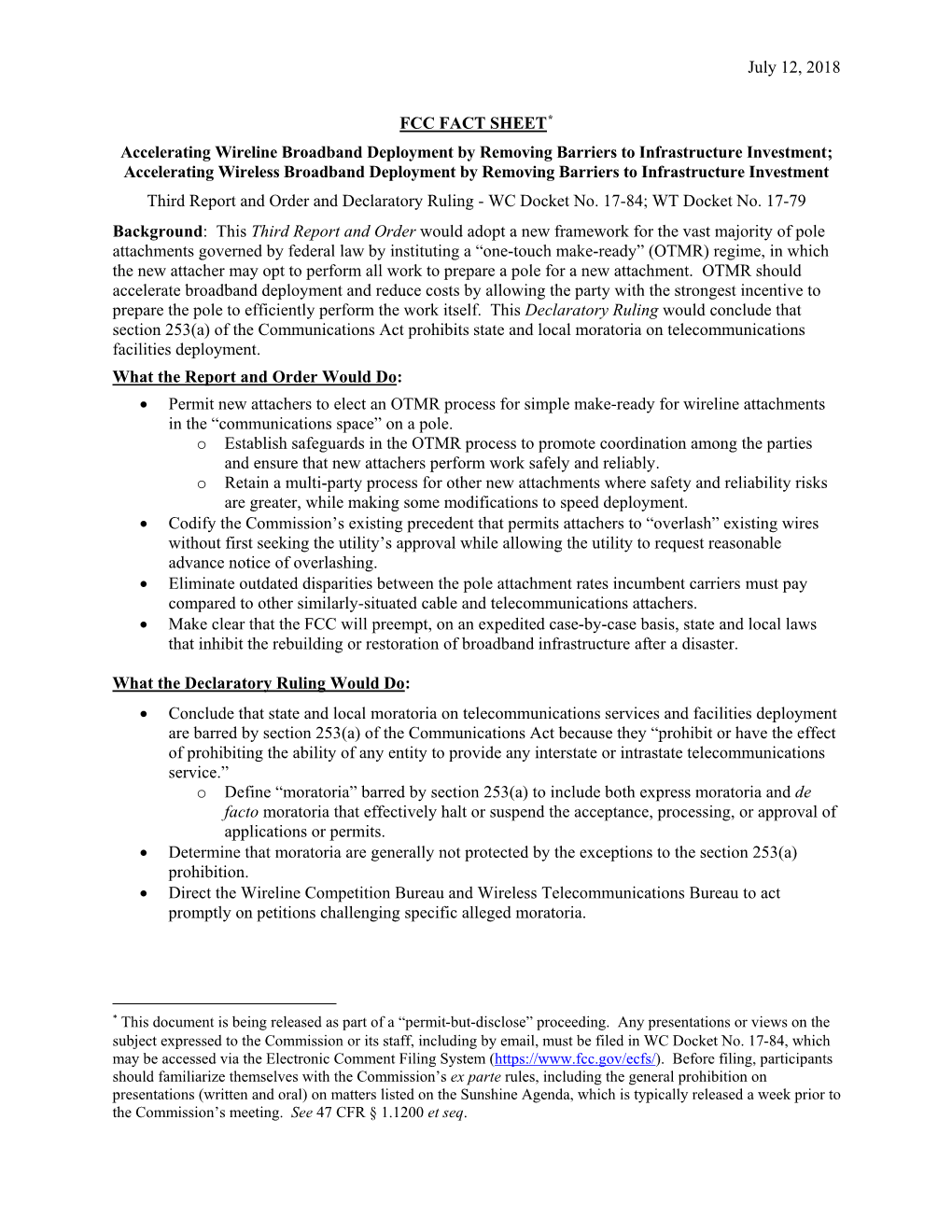 July 12, 2018 FCC FACT SHEET* Accelerating Wireline Broadband