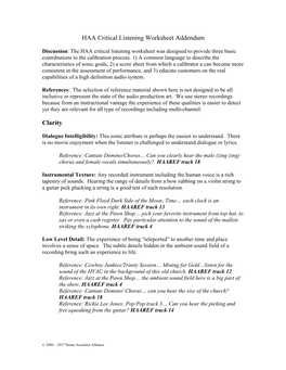 HAA Critical Listening Worksheet Addendum Clarity