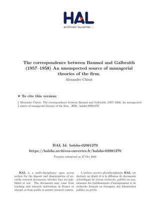 The Correspondence Between Baumol and Galbraith (1957–1958) an Unsuspected Source of Managerial Theories of the Firm