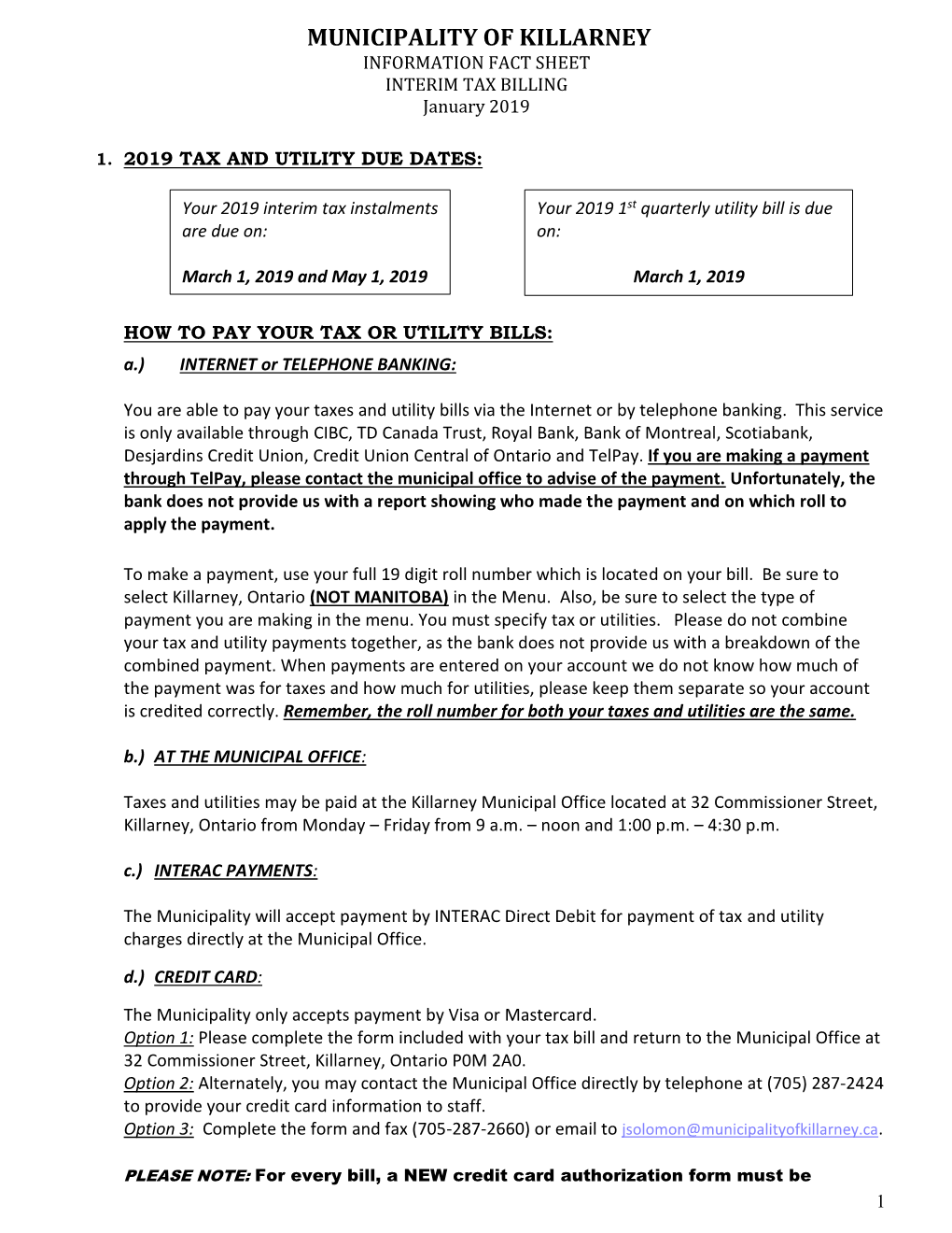 MUNICIPALITY of KILLARNEY INFORMATION FACT SHEET INTERIM TAX BILLING January 2019