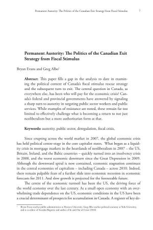 Permanent Austerity: the Politics of the Canadian Exit Strategy from Fiscal Stimulus 7