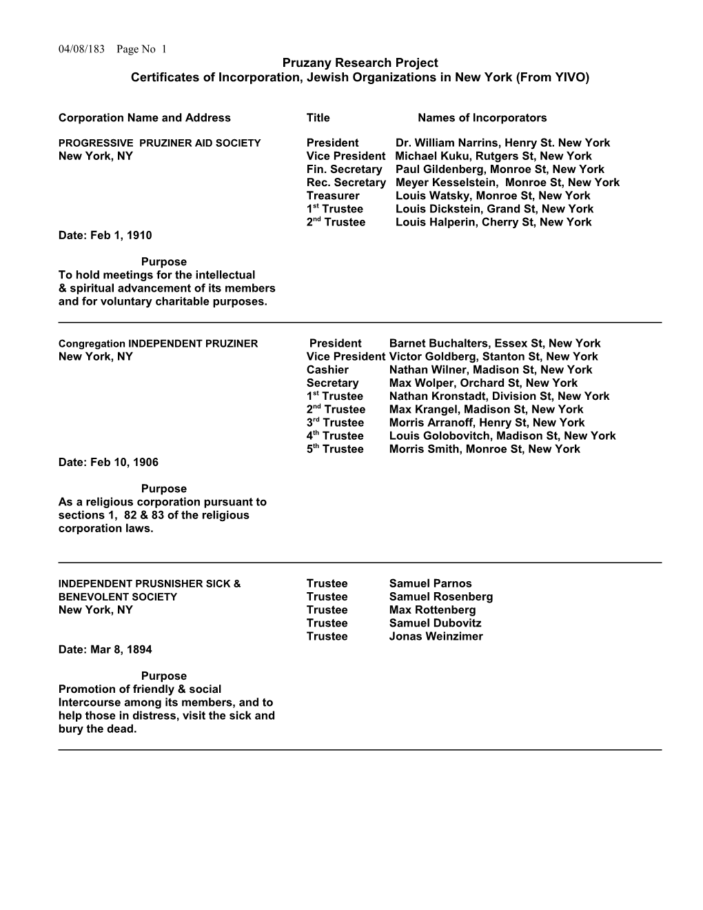 Corporation Name and Address