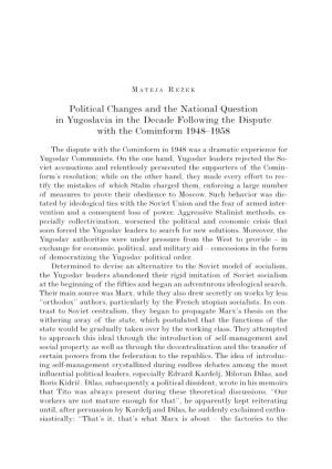Political Changes and the National Question in Yugoslavia in the Decade Following the Dispute with the Cominform 1948–1958