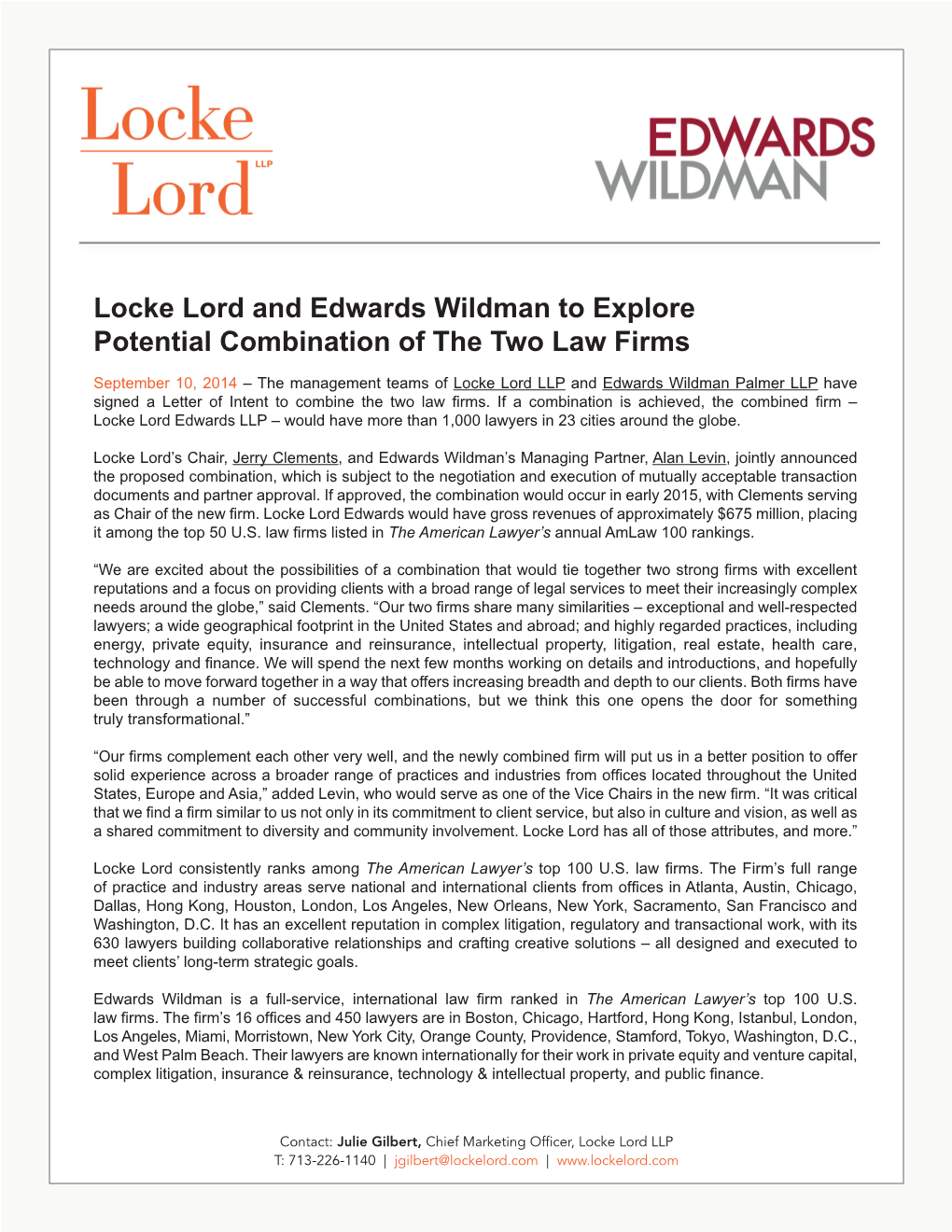 Locke Lord and Edwards Wildman to Explore Potential Combination of the Two Law Firms