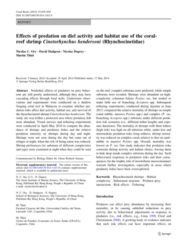 Effects of Predation on Diel Activity and Habitat Use of the Coral- Reef Shrimp Cinetorhynchus Hendersoni (Rhynchocinetidae)