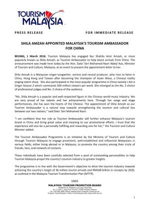 Shila Amzah Appointed Malaysia's Tourism