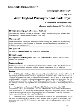 West Twyford Primary School, Park Royal in the London Borough of Ealing Planning Application No