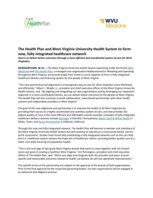 The Health Plan and West Virginia University Health System to Form