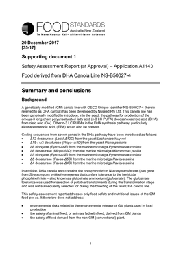 Application A1143: Food Derived from DHA Canola Line NS-B50027-4