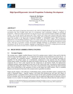 High Speed/Hypersonic Aircraft Propulsion Technology Development