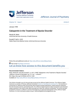 Gabapentin in the Treatment of Bipolar Disorder