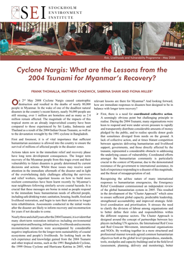 Cyclone Nargis: What Are the Lessons from the 2004 Tsunami for Myanmar’S Recovery?