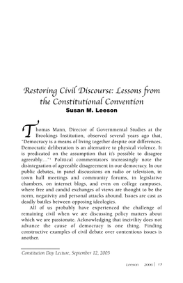 Restoring Civil Discourse: Lessons from the Constitutional Convention Susan M