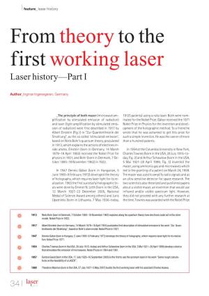 From Theory to the First Working Laser Laser History—Part I