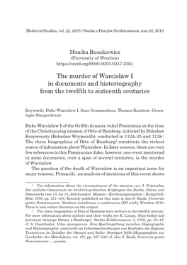 The Murder of Warcisław I in Documents and Historiography from the Twelfth to Sixteenth Centuries