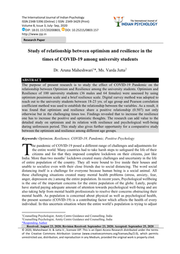 Study of Relationship Between Optimism and Resilience in the Times of COVID-19 Among University Students