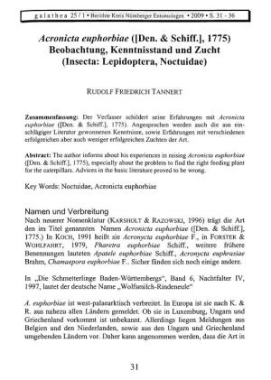 Acronicta Euphorbiae ([Den. & Schiff.], 1775) Beobachtung, Kenntnisstand Und Zucht (Insecta: Lepidoptera, Noctuidae)