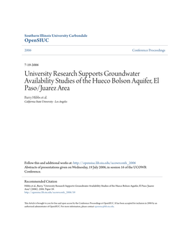 University Research Supports Groundwater Availability Studies of the Hueco Bolson Aquifer, El Paso/Juarez Area Barry Hibbs Et Al